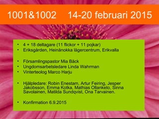 1001&1002 14-20 februari 2015
? 4 + 18 deltagare (11 flickor + 11 pojkar)
? Eriksg?rden, Hein?nokka l?gercentrum, Erikvalla
? F?rsamlingspastor Mia B?ck
? Ungdomsarbetsledare Linda Wahrman
? Vinterteolog Marco Harju
? Hj?lpledare: Robin Enestam, Artur Feiring, Jesper
Jakobsson, Emma Kotka, Mathias Ollanketo, Sinna
Savolainen, Matilda Sundqvist, Ona Tarvainen.
? Konfirmation 6.9.2015
 