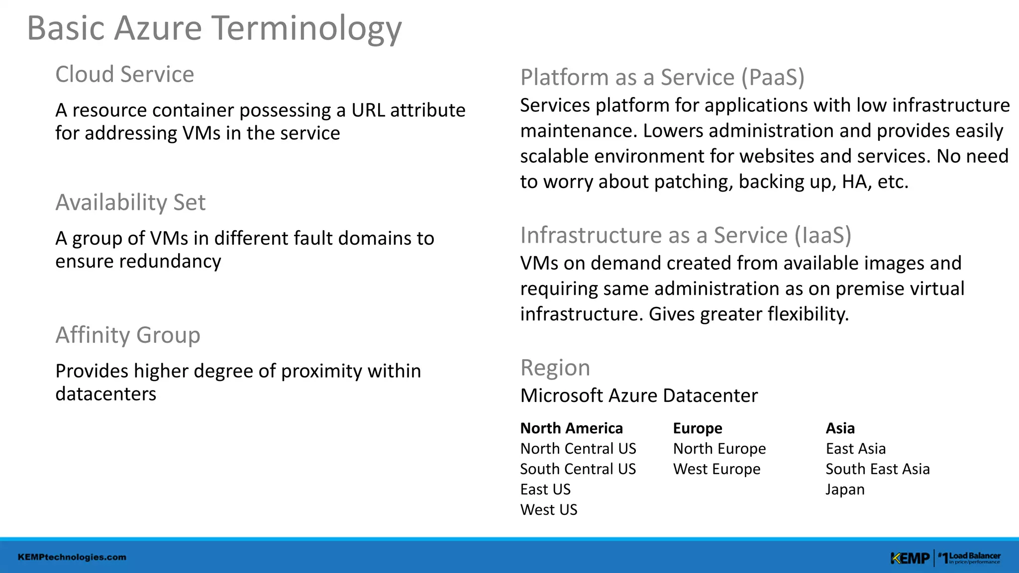 Cloud Service
A resource container possessing a URL attribute
for addressing VMs in the service
Availability Set
A group of VMs in different fault domains to
ensure redundancy
Affinity Group
Provides higher degree of proximity within
datacenters
Basic Azure Terminology
Platform as a Service (PaaS)
Services platform for applications with low infrastructure
maintenance. Lowers administration and provides easily
scalable environment for websites and services. No need
to worry about patching, backing up, HA, etc.
Infrastructure as a Service (IaaS)
VMs on demand created from available images and
requiring same administration as on premise virtual
infrastructure. Gives greater flexibility.
Region
Microsoft Azure Datacenter
North America Europe Asia
North Central US North Europe East Asia
South Central US West Europe South East Asia
East US Japan
West US
 