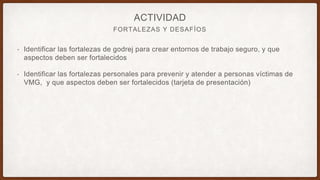 FORTALEZAS Y DESAFÍOS
ACTIVIDAD
• Identificar las fortalezas de godrej para crear entornos de trabajo seguro, y que
aspectos deben ser fortalecidos
• Identificar las fortalezas personales para prevenir y atender a personas víctimas de
VMG, y que aspectos deben ser fortalecidos (tarjeta de presentación)
 