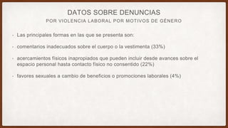 POR VIOLENCIA LABORAL POR MOTIVOS DE GÉNERO
DATOS SOBRE DENUNCIAS
• Las principales formas en las que se presenta son:
• comentarios inadecuados sobre el cuerpo o la vestimenta (33%)
• acercamientos físicos inapropiados que pueden incluir desde avances sobre el
espacio personal hasta contacto físico no consentido (22%)
• favores sexuales a cambio de beneficios o promociones laborales (4%)
 
