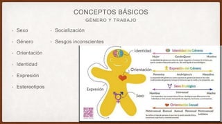 GÉNERO Y TRABAJO
CONCEPTOS BÁSICOS
• Sexo
• Género
• Orientación
• Identidad
• Expresión
• Estereotipos
• Socialización
• Sesgos inconscientes
 
