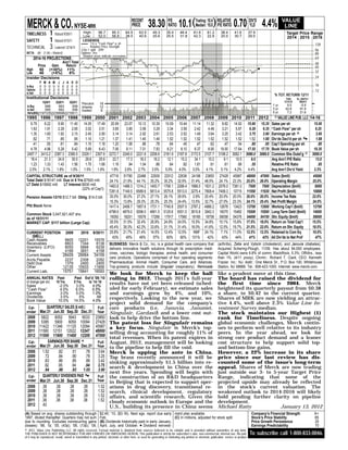 MERCK & CO. NYSE-MRK                                                                      RECENT
                                                                                           PRICE         38.30 P/E 10.1(Trailing: 10.4) RELATIVE 0.70 DIV’D 4.4%
                                                                                                               RATIO    Median: 15.0 P/E RATIO        YLD
                                                                                                                                                                                                                         VALUE
                                                                                                                                                                                                                          LINE
 TIMELINESS          1   Raised 9/30/11           High:
                                                  Low:
                                                               96.7
                                                               52.0
                                                                          95.3
                                                                          56.8
                                                                                      64.5
                                                                                      38.5
                                                                                                  63.5
                                                                                                  40.6
                                                                                                             49.3
                                                                                                             25.6
                                                                                                                         35.4
                                                                                                                         25.5
                                                                                                                                     46.4
                                                                                                                                     31.8
                                                                                                                                                61.6
                                                                                                                                                42.3
                                                                                                                                                            61.2
                                                                                                                                                            22.8
                                                                                                                                                                        38.4
                                                                                                                                                                        20.0
                                                                                                                                                                                    41.6
                                                                                                                                                                                    30.7
                                                                                                                                                                                                  37.9
                                                                                                                                                                                                  29.5
                                                                                                                                                                                                                          Target Price Range
                                                                                                                                                                                                                          2014 2015 2016
 SAFETY              1   Raised 4/15/11            LEGENDS
                                                         7.0 x ″Cash Flow″ p sh                                                                                                                                                                 128
 TECHNICAL           3   Lowered 12/16/11        . . . . Relative Price Strength
                                                 2-for-1 split 2/99                                                                                                                                                                             96
 BETA .80 (1.00 = Market)                        Options: Yes                                                                                                                                                                                   80
                                                   Shaded areas indicate recessions
       2014-16 PROJECTIONS                                                                                                                                                                                                                      64
                    Ann’l Total                                                                                                                                                                                                                 48
       Price  Gain    Return                                                                                                                                                                                                                    40
 High   50 (+30%) 11%
 Low    40    (+5%)     6%                                                                                                                                                                                                                      32
 Insider Decisions                                                                                                                                                                                                                              24
            F   M   A   M   J   J   A   S   O
 to Buy     0   0   0   0   0   0   2   0   0                                                                                                                                                                                                   16
 Options    0   0   0   2   0   0   0   0   0                                                                                                                                                                                                   12
 to Sell    0   0   0   2   0   0   0   0   0
                                                                                                                                                                                                                  % TOT. RETURN 12/11
 Institutional Decisions                                                                                                                                                                                                  THIS   VL ARITH.*
              1Q2011 2Q2011  3Q2011                                                                                                                                                                                      STOCK     INDEX
                                                 Percent        18                                                                                                                                               1 yr.     9.5     -5.9
  to Buy        588    563     558               shares         12
  to Sell       595    562     556                                                                                                                                                                               3 yr.    42.8     91.9
                                                 traded          6
  Hld’s(000)219733522356982215611                                                                                                                                                                                5 yr.     7.2     21.6
 1995 1996 1997 1998 1999 2000 2001 2002 2003 2004 2005 2006 2007 2008 2009 2010 2011 2012                                                                                                                         © VALUE LINE PUB. LLC      14-16
    6.79   8.22   9.90 11.40 14.05 17.49 20.99 23.07 10.12 10.39 10.09 10.44 11.14 11.32                                                                                8.82 14.92 15.60 15.35 Sales per sh                                     15.00
    1.63   1.91   2.28   2.65   3.02   3.51   3.85   3.85   3.56   3.29   3.34   3.59   2.42   4.48                                                                     3.21   5.87   6.20   6.35 ‘‘Cash Flow’’ per sh                           6.25
    1.35   1.60   1.92   2.15   2.45   2.90   3.14   3.14   2.92   2.61   2.53   2.52   1.49   3.64                                                                     3.25   3.42   3.75   3.90 Earnings per sh A                              3.60
     .62    .71    .85    .95   1.10   1.21   1.37   1.41   1.45   1.49   1.52   1.52   1.52   1.52                                                                     1.52   1.52   1.52   1.68 Div’ds Decl’d per sh B■                        1.68
     .41    .50    .61    .84   1.10   1.18   1.20   1.06    .86    .78    .64    .45     .47    .62                                                                     .47    .54    .60    .65 Cap’l Spending per sh                           .80
    4.78   4.96   5.28   5.42   5.69   6.43   7.06   8.11   7.01   7.83   8.21   8.10   8.37   8.90                                                                    19.00 17.64 17.55 17.70 Book Value per sh                                19.35
  2457.7 2413.2 2387.3 2360.5 2329.1 2307.6 2272.7 2245.0 2221.8 2208.6 2181.9 2167.8 2172.5 2107.7                                                                   3108.2 3082.1 3080.0 3060.0 Common Shs Outst’g C                         3000.0
    18.4   21.3   24.8   30.0   29.8   25.6   22.7   17.3   18.2   16.2   12.1   15.2   34.1   10.2                                                                      9.1   10.5    9.0        Avg Ann’l P/E Ratio                            13.0
    1.23   1.33   1.43   1.56   1.70   1.66   1.16    .94   1.04    .86    .64    .82   1.81     .61                                                                     .61    .68    .55        Relative P/E Ratio                              .85
   2.5%   2.1%   1.8%   1.5%   1.5%   1.6%   1.9%   2.6%   2.7%   3.5%   5.0%   4.0%   3.0%   4.1%                                                                     5.1%   4.2%   4.4%         Avg Ann’l Div’d Yield                         3.3%
 CAPITAL STRUCTURE as of 9/30/11                                        47716       51790      22486       22939       22012      22636       24198       23850       27428 45987             48000      47000   Sales ($mill)                 45000
 Total Debt $18147 mill. Due in 5 Yrs $7920 mill.                       24.1%       21.9%      44.1%       35.2%       35.2%      32.9%       31.4%       48.5%       24.1% 23.3%             25.0%      26.0%   Operating Margin              25.0%
 LT Debt $15692 mill. LT Interest $930 mill.                            1463.8      1488.3     1314.2      1450.7      1708.1     2268.4      1988.0      1631.2      2576.0 7381.0            7500       7500   Depreciation ($mill)           8000
                                     (22% of Cap’l)
                                                                        7281.8      7149.5     6589.6      5813.4      5575.8     5513.0      3275.4      7808.4      7409.3 10715            11550      11930   Net Profit ($mill)            10800
 Pension Assets-12/10 $12.7 bill. Oblig. $14.0 bill.                    30.0%       30.0%      27.2%       27.1%       29.1%      29.9%         2.8%      20.4%       20.0% 20.0%             20.0%      20.0%   Income Tax Rate               22.0%
                                                                        15.3%       13.8%      29.3%       25.3%       25.3%      24.4%       13.5%       32.7%       27.0% 23.3%             24.1%      25.4%   Net Profit Margin             24.0%
 Pfd Stock None                                                         1417.4      2458.7     1957.6      1731.1      7745.8     2507.5      2787.2      4986.2      12678 13423             13700      13500   Working Cap’l ($mill)         12700
                                                                        4798.6      4879.0     5096.0      4691.5      5125.6     5551.0      3915.8      3943.3       16075 15482            15500      15500   Long-Term Debt ($mill)        14000
 Common Stock 3,047,921,407 shs.
 as of 10/31/11                                                         16050       18201      15576       17288       17917      17560       18185       18758       59058 54376             54000      54150   Shr. Equity ($mill)           58000
 MARKET CAP: $117 billion (Large Cap)                                   35.5%       31.5%      32.4%       26.9%       24.9%      24.5%       15.5%       34.8%       10.1% 15.8%             17.5%      18.0%   Return on Total Cap’l         15.5%
                                                                        45.4%       39.3%      42.3%       33.6%       31.1%      31.4%       18.0%       41.6%       12.5% 19.7%             21.5%      22.0%   Return on Shr. Equity         18.5%
 CURRENT POSITION 2009                           2010     9/30/11       25.8%       21.7%      21.4%       14.5%       12.4%      12.5%         NMF       24.1%         7.1% 11.0%            12.5%      12.5%   Retained to Com Eq            10.0%
    ($MILL.)                                                              43%         45%        49%         57%         60%        60%        101%         42%         43%    44%             41%        43%    All Div’ds to Net Prof          47%
 Cash Assets       9605                         12201      15576
 Receivables       6603                          7344       8136        BUSINESS: Merck & Co., Inc. is a global health care company that                             (arthritis), Zetia and Vytorin (cholesterol), and Januvia (diabetes).
 Inventory (LIFO)  8055                          5868       6239        delivers innovative health solutions through its prescription medi-                          Acquired Schering-Plough, 11/09. Has about 94,000 employees.
 Other             4166                          3651       4158
                                                                        cines, vaccines, biologic therapies, animal health, and consumer                             Capital World owns 6.8% of comm; BlackRock, 5.3%; Off/dirs., less
 Current Assets   28429                         29064      34109
                                                                        care products. Operations comprised of four operating segments:                              than 1%. (4/11 proxy). Chrmn.: Richard T. Clark; CEO: Kenneth
 Accts Payable     2237                          2308       2282
 Debt Due          1379                          2400       2455        Pharmaceutical, Animal Health, Consumer Care, and Alliances.                                 Frazier. Inc.: NJ. Addr.: One Merck Dr., P.O. Box 100, Whitehouse
 Other            12135                         10933      11856        Top-grossing products include Singulair (respiratory), Remicade                              Station, NJ 08889. Tel.: 908-423-1000. Internet: www.merck.com.
 Current Liab.    15751                         15641      16593
                                                                        We look for Merck to keep the ball                                                           like a prudent move at this time.
 ANNUAL RATES Past                          Past Est’d ’08-’10          rolling in 2012. Though 2011’s full-year                                                     The board has raised the dividend for
 of change (per sh) 10 Yrs.                 5 Yrs. to ’14-’16           results have not yet been released (sched-                                                   the first time since 2004. Merck
 Sales                -2.0%                  3.0%     4.0%
 ‘‘Cash Flow’’         4.0%                  6.0%    5.5%               uled for early February), we estimate sales                                                  heightened its quarterly payout from $0.38
 Earnings              3.0%                  5.0%     1.0%              and earnings grew by 4%, and 10%,                                                            a share, to $0.42 in the current quarter.
 Dividends             3.5%                    .5%       Nil            respectively. Looking to the new year, we                                                    Shares of MRK are now yielding an attrac-
 Book Value          10.0%                  14.5%     4.0%
                                                                        project solid demand for the company’s                                                       tive 4.4%, well above 2.3% Value Line In-
  Cal-           QUARTERLY SALES ($ mill.)                    Full      core products (i.e, Januvia, Janumet,                                                        vestment Survey median.
 endar      Mar.31 Jun.30 Sep.30 Dec.31                       Year      Singulair, Gardasil) and a lower cost out-                                                   The stock maintains our Highest (1)
  2008       5822 6052 5943 6033                            23850       look to help drive the bottom line.                                                          rank for Timeliness. Despite ongoing
  2009       5385 5900 6050 10094                           27428       The patent loss for Singulair remains                                                        global economic challenges, Merck contin-
  2010      11422 11346 11125 12094                         45987       a key focus. Singulair is Merck’s top-                                                       ues to perform well relative to its industry
  2011      11580 12151 12022 12247                         48000       selling drug accounting for roughly 11% of                                                   peers. In the year ahead, we look for
  2012      11500 11900 11400 12200                         47000       total revenues. When its patent expires in                                                   strong core product demand and a leaner
  Cal-            EARNINGS PER SHARE A                        Full      August, 2012, management will be looking                                                     cost structure to help support solid top-
 endar      Mar.31 Jun.30 Sep.30 Dec.31                       Year      to the pipeline to help fill the void.                                                       and bottom-line gains.
  2008        1.52      .82     .51        .78                3.64      Merck is upping the ante in China.                                                           However, a 22% increase in its share
  2009         .72      .84     .90        .79                3.25      Top brass recently announced it will be                                                      price since our last review has dis-
  2010         .83      .86     .85        .88                3.42      sinking approximately $1.5 billion into re-                                                  counted some of the issue’s long-term
  2011         .92      .95     .94       .94                 3.75      search & development in China over the                                                       appeal. Shares of Merck are now trading
  2012         .94      .98     .93     1.05                  3.90
                                                                        next five years. Spending will begin with                                                    just outside our 3- to 5-year Target Price
  Cal-        QUARTERLY DIVIDENDS PAID B■                     Full      the construction of an R&D headquarters                                                      Range, indicating that some of the
 endar      Mar.31 Jun.30 Sep.30 Dec.31                       Year      in Beijing that is expected to support oper-                                                 projected upside may already be reflected
  2008       .38      .38     .38       .38                   1.52      ations in drug discovery, transitional re-                                                   in the stock’s current valuation. The
  2009       .38      .38     .38       .38                   1.52      search, clinical development, regulatory                                                     weakened outlook to 2014-2016 will likely
  2010       .38      .38     .38       .38                   1.52      affairs, and scientific research. Given the                                                  hold pending further clarity on pipeline
  2011       .38      .38     .38      .38                    1.52      cloudy economic outlook in Europe and the                                                    development.
  2012       .42                                                        U.S., building its presence in China seems                                                   Michael Ratty             January 13, 2012
(A) Based on avg. shares outstanding through                    $2.40; ’10, ($3.16). Next egs. report due early ment plan available.                                                               Company’s Financial Strength                 A+
1997, diluted thereafter. Quarters may not sum                  Feb.                                              (C) In millions, adjusted for stock split.                                       Stock’s Price Stability                      85
due to rounding. Excludes nonrecurring gains                    (B) Dividends historically paid in early January,                                                                                  Price Growth Persistence                     25
(losses): ’98, 1¢; ’05, (43¢); ’06, (13¢); ’09,                 April, July, and October. ■ Dividend reinvest-                                                                                     Earnings Predictability                      70
© 2012, Value Line Publishing LLC. All rights reserved. Factual material is obtained from sources believed to be reliable and is provided without warranties of any kind.
THE PUBLISHER IS NOT RESPONSIBLE FOR ANY ERRORS OR OMISSIONS HEREIN. This publication is strictly for subscriber’s own, non-commercial, internal use. No part                                     To subscribe call 1-800-833-0046.
of it may be reproduced, resold, stored or transmitted in any printed, electronic or other form, or used for generating or marketing any printed or electronic publication, service or product.
 