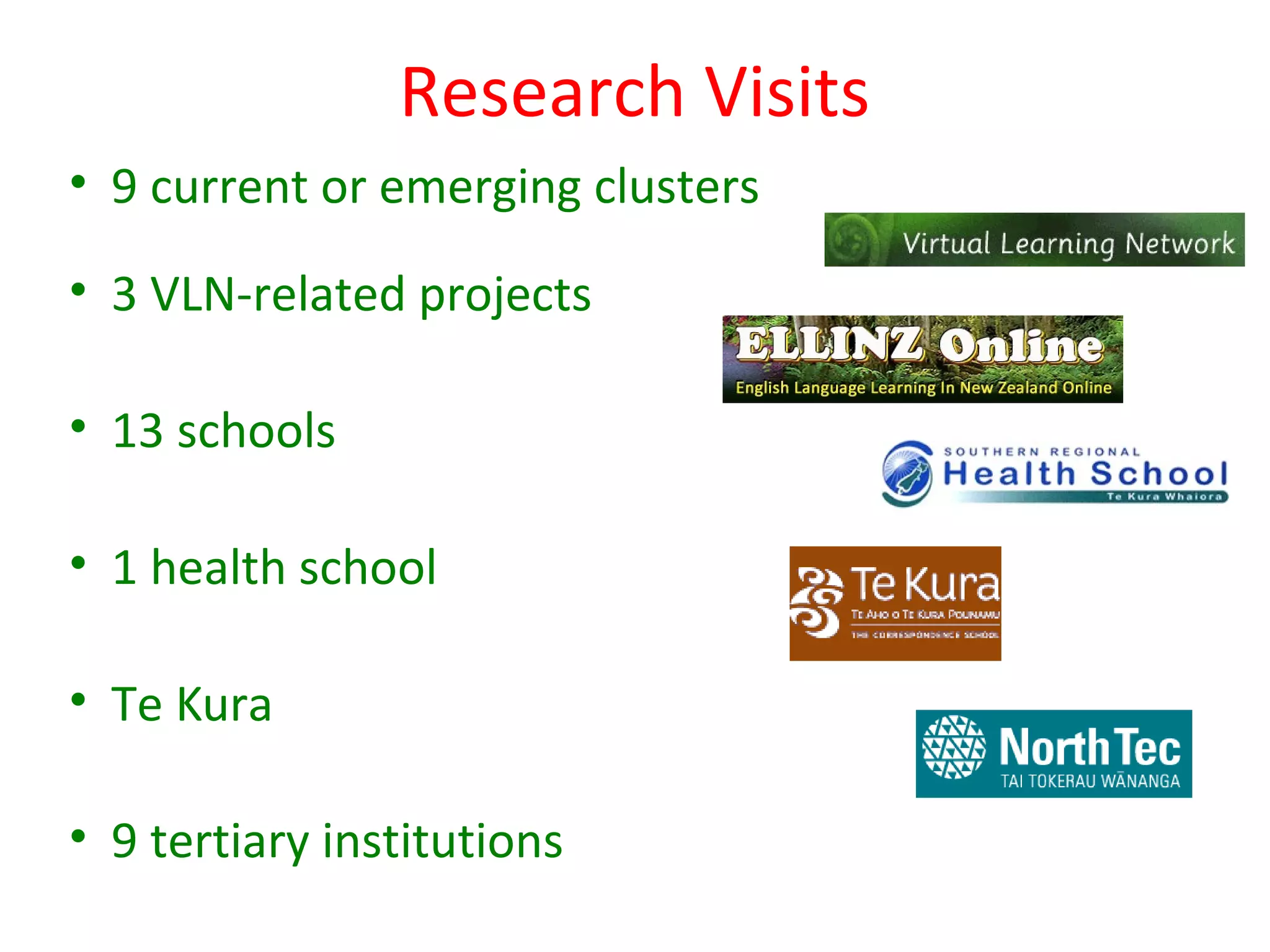 Research Visits
• 9 current or emerging clusters

• 3 VLN-related projects

• 13 schools

• 1 health school

• Te Kura

• 9 tertiary institutions
 