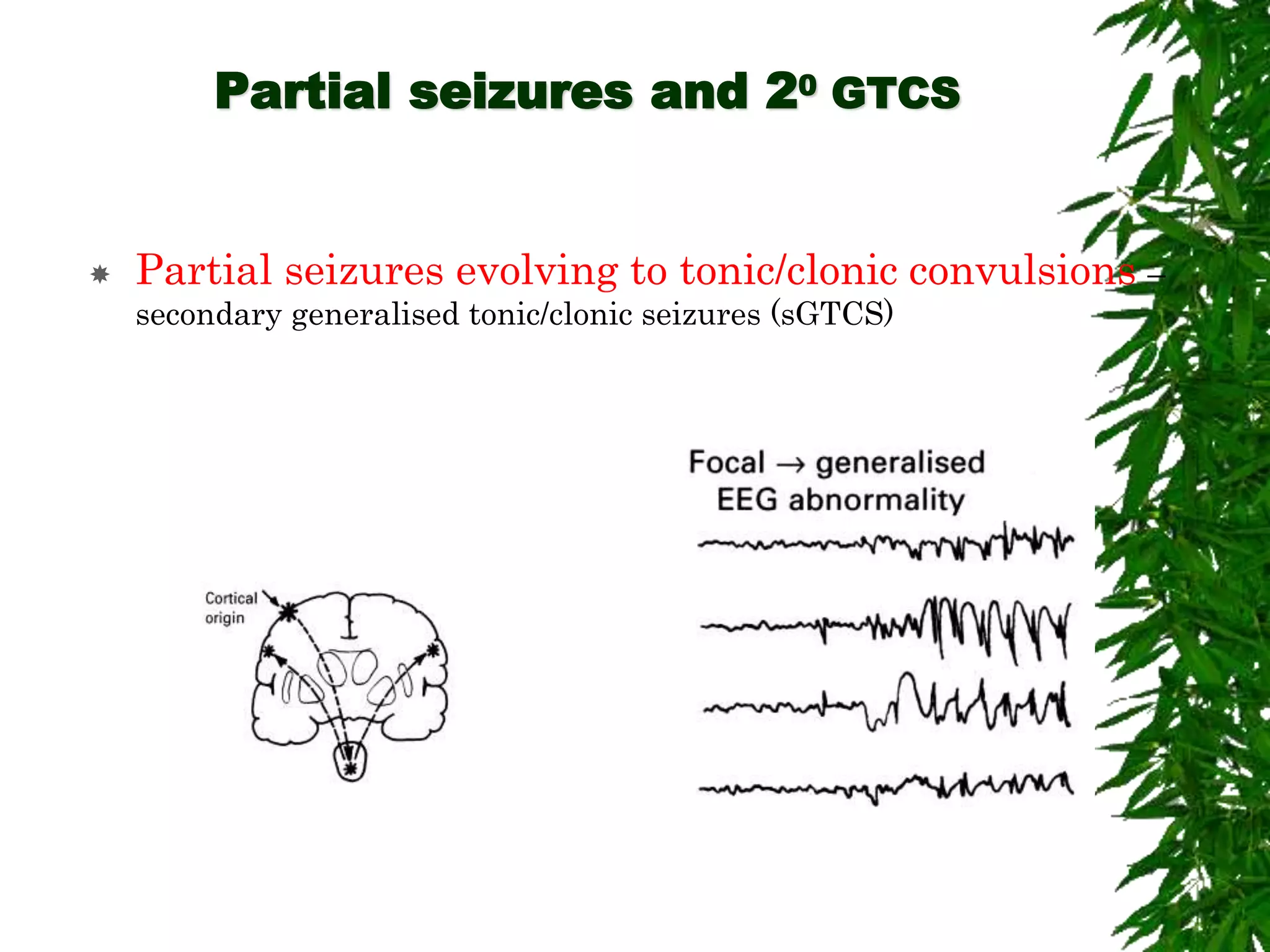 Partial seizures and 20 GTCS
 Partial seizures evolving to tonic/clonic convulsions –
secondary generalised tonic/clonic seizures (sGTCS)
 