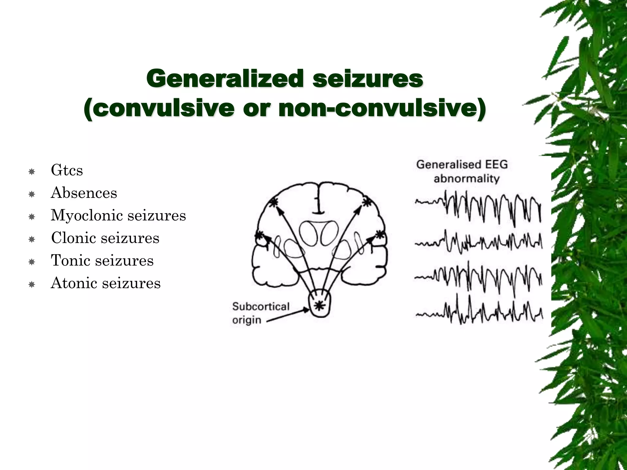 Generalized seizures
(convulsive or non-convulsive)
 Gtcs
 Absences
 Myoclonic seizures
 Clonic seizures
 Tonic seizures
 Atonic seizures
 