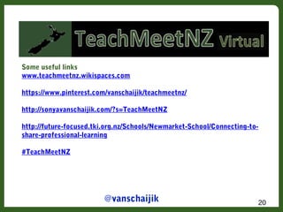 Some useful links
www.teachmeetnz.wikispaces.com
https://www.pinterest.com/vanschaijik/teachmeetnz/
http://sonyavanschaiji...