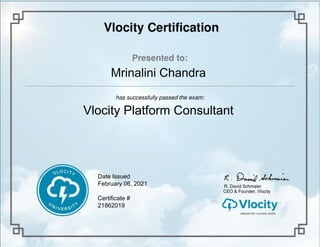 Mrinalini Chandra
Vlocity Platform Consultant
February 06, 2021
21862019
Date Issued
Certificate #
 