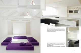 De keuken van een privé-woning te Oedelem.
Het zwarte accent in het zwevende meubel, een combinatie van laminaat en
zwarte graniet, harmonieert met de witte keukenwand die uit laminaat en Corian
bestaat. De L-vorm in inox, met volledig verzonken kookplaat, is een krachtige
en open grens tussen kook- en eetzone.

De vroegere smidse werd getransformeerd tot een prachtige ruimte die helemaal
wit is, zelfs de houten vloer. De geluidsisolatie is zo geconcipieerd dat het geluid
de ruimte moeiteloos vult en niet vanuit één hoek lijkt te komen. De nieuwe
dakramen bieden extra licht.
Het paars voegt een dimensie toe: het is de zevende chakra, van de spiritualiteit.

150

151

 