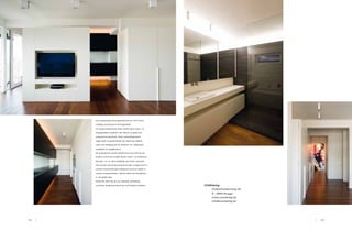 Een langwerpig woonappartement uit 1974 werd
volledig vernieuwd en heringedeeld.
De lange kastenwand (foto rechts) linkt woon- en
slaapgedeelte naadloos met elkaar en geeft een
aangename openheid. Deze verbindingswand,
uitgevoerd in gesatineerde lak, biedt op subtiele
wijze ook toegang tot de vestiaire, wc, badkamer,
wasplaats en slaapkamers.
De polyvalente ruimte (hierboven) met zicht op de
keuken vormt de schakel tussen woon- en kookzone.
Muziek-, tv- en dvd-installatie zijn hierin verwerkt.
Het zwarte zwevende keukenmeubel is uitgevoerd in
zwarte structuurlak gecombineerd met een tablet in
zwarte composietsteen. Wand achter de kookplaten
in wit gelakt glas.
Zowel de vloer als de van indirecte verlichting
voorziene badkamerwand zijn met leisteen bekleed.

ZONEdertig
	

Dudzeelsesteenweg 66

	B – 8000 Brugge
	
	

152

www.zonedertig.be
info@zonedertig.be

153

 