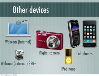 Other devices


       Webcam (internal)

                               Digital camera               Cell phones

Webcam (external) $20+
                                                iPod nano
Wednesday, February 10, 2010
 