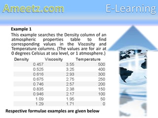 Example 1
  This example searches the Density column of an
  atmospheric properties table to find
  corresponding values in the Viscosity and
  Temperature columns. (The values are for air at
  0 degrees Celsius at sea level, or 1 atmosphere.)




Respective formulae examples are given below
 