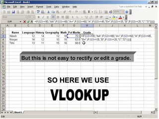 90% AA 80% A+ 60% A 45%  B+ 35%  B 25%  C 00%  D But this is not easy to rectify or edit a grade.  SO HERE WE USE VLOOKUP 