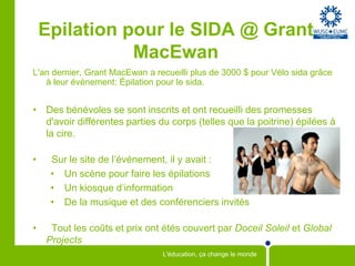 Epilation pour le SIDA @ Grant MacEwanL'an dernier, Grant MacEwan a recueilli plus de 3000 $ pour Vélo sida grâce à leur événement: Épilation pour le sida.Des bénévoles se sont inscrits et ont recueilli des promesses d'avoir différentes parties du corps (telles que la poitrine) épilées à la cire. 