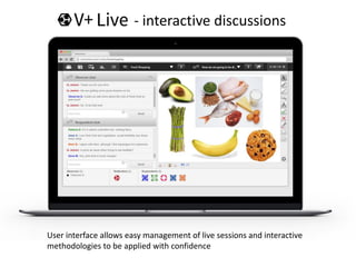 - interactive discussions
User interface allows easy management of live sessions and interactive
methodologies to be applied with confidence
 