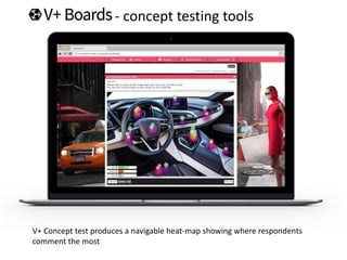 - concept testing tools
V+ Concept test produces a navigable heat-map showing where respondents
comment the most
 