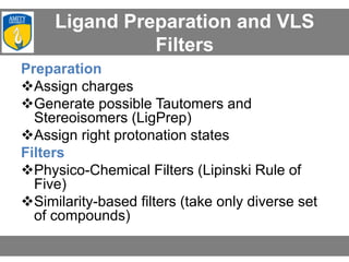 Ligand Preparation and VLS
Filters
Preparation
Assign charges
Generate possible Tautomers and
Stereoisomers (LigPrep)
Assign right protonation states
Filters
Physico-Chemical Filters (Lipinski Rule of
Five)
Similarity-based filters (take only diverse set
of compounds)
 