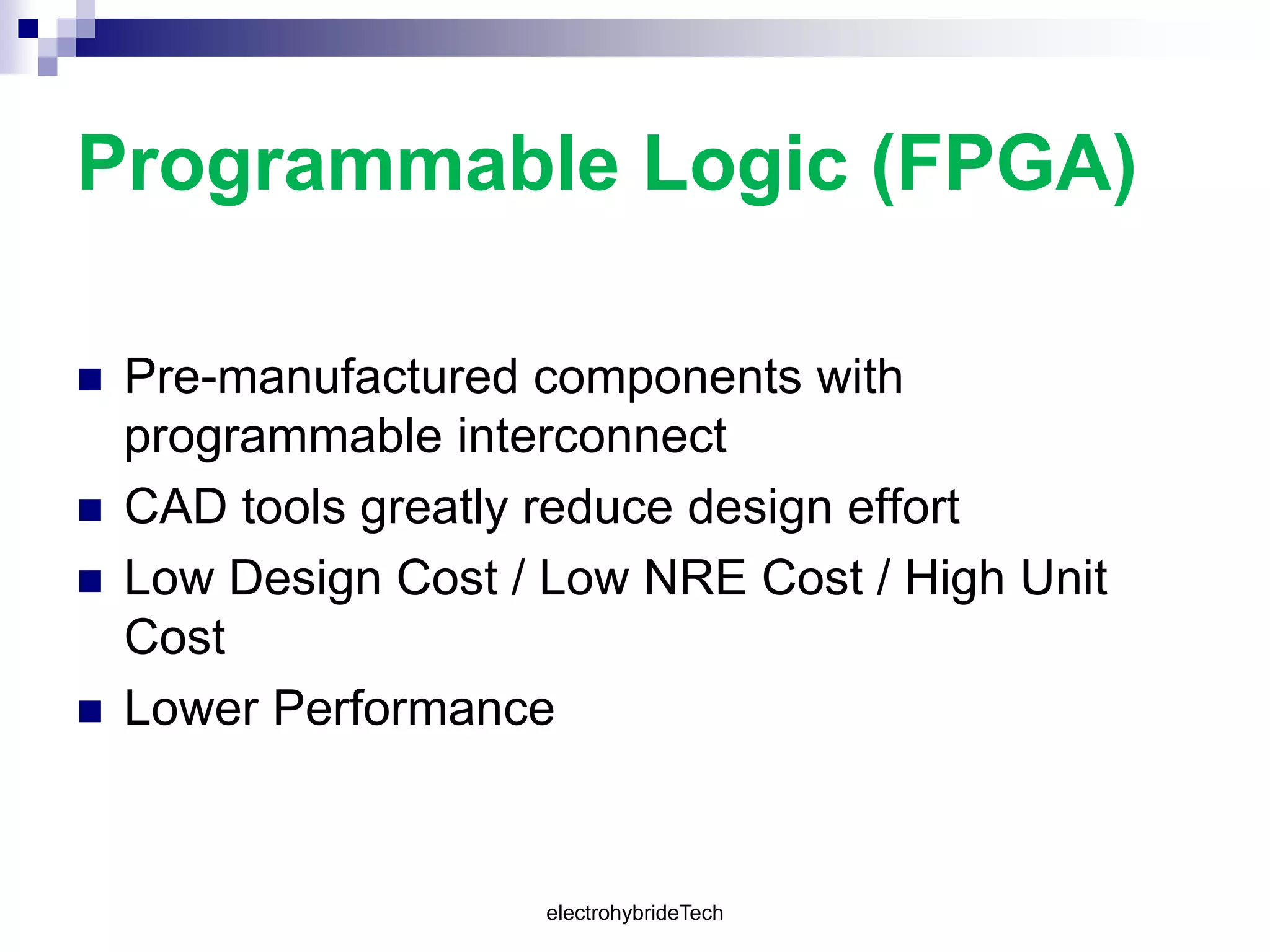 Programmable Logic (FPGA)
 Pre-manufactured components with
programmable interconnect
 CAD tools greatly reduce design effort
 Low Design Cost / Low NRE Cost / High Unit
Cost
 Lower Performance
electrohybrideTech
 
