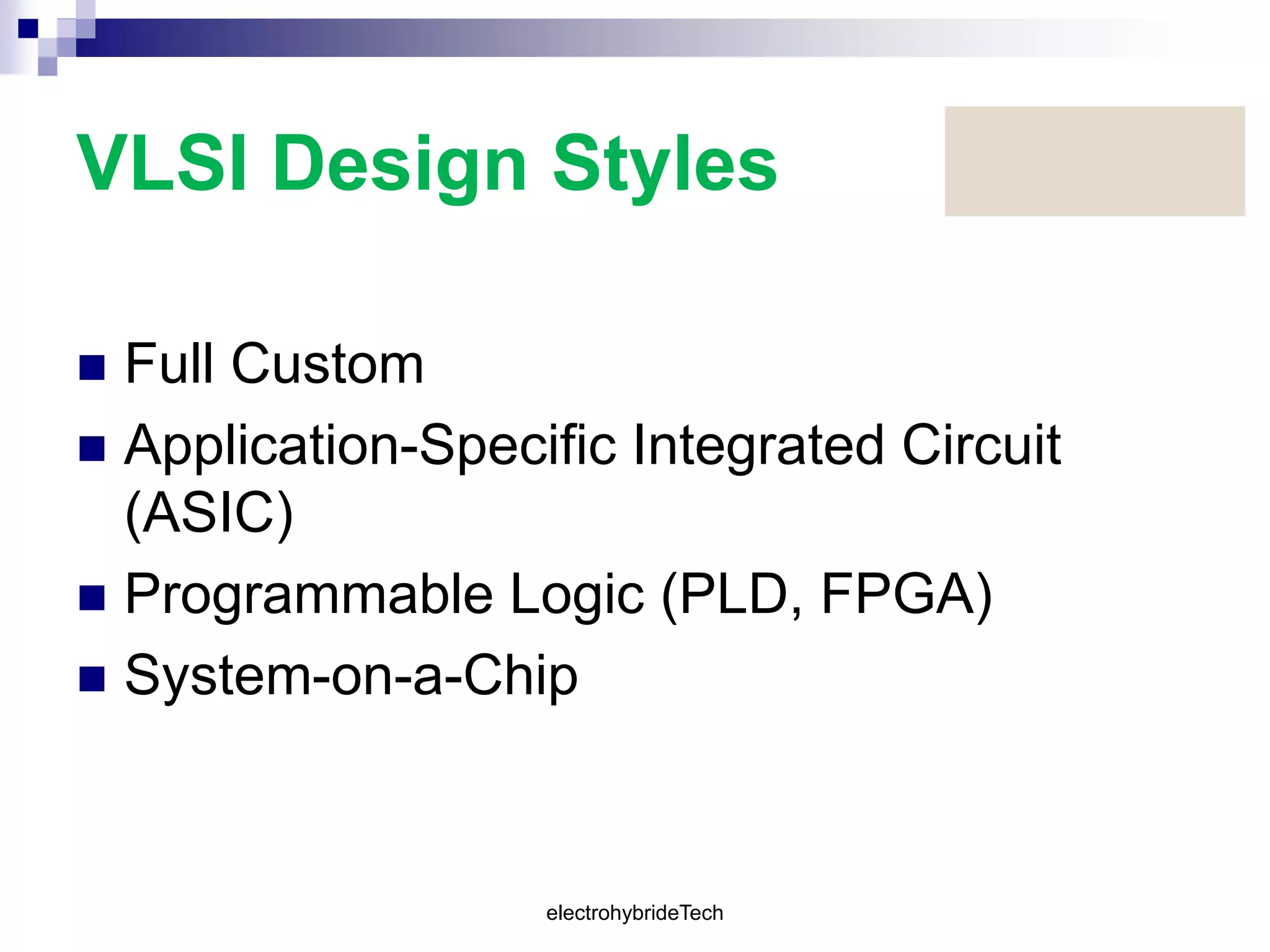 VLSI Design Styles
 Full Custom
 Application-Specific Integrated Circuit
(ASIC)
 Programmable Logic (PLD, FPGA)
 System-on-a-Chip
electrohybrideTech
 