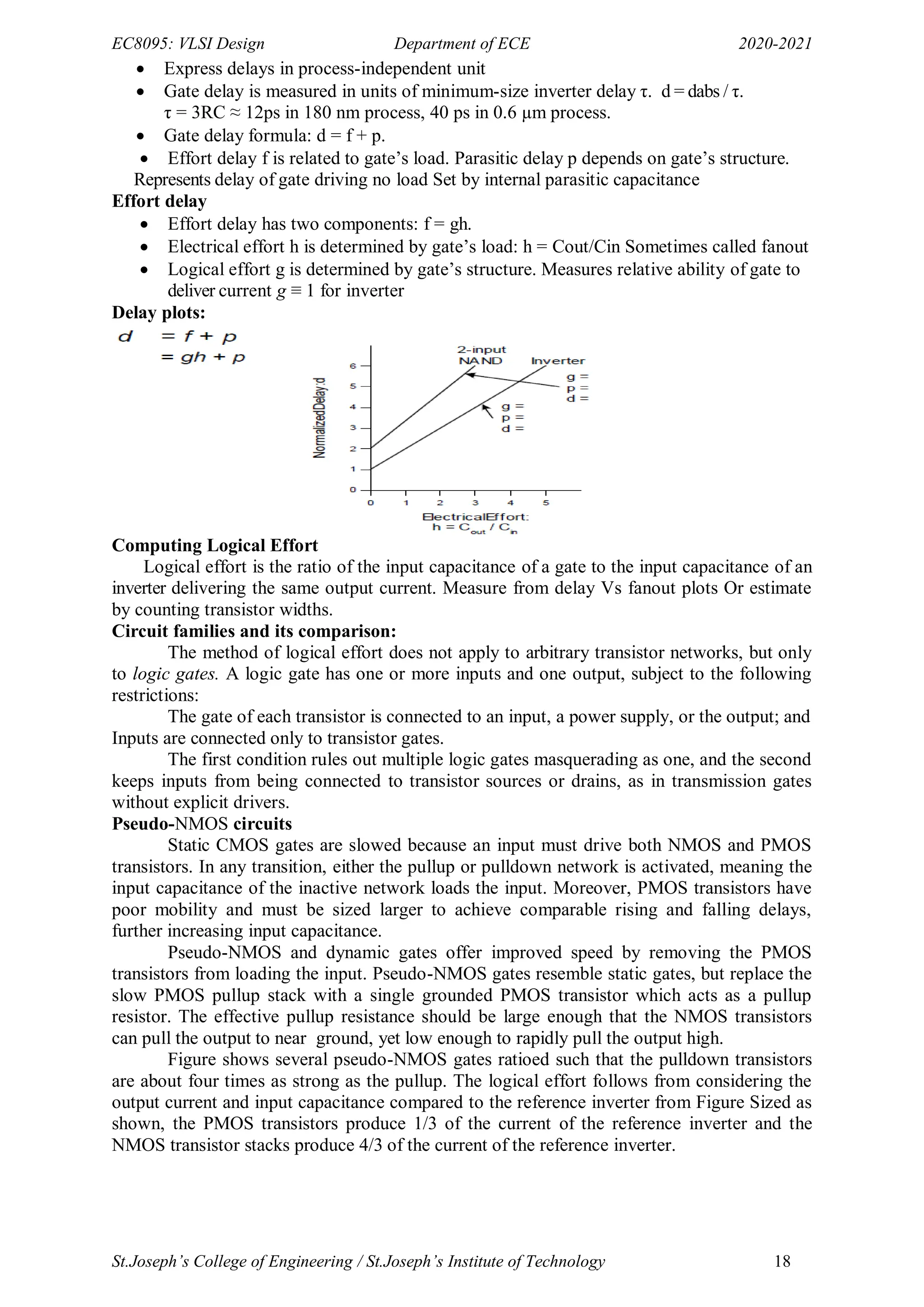 EC8095: VLSI Design Department of ECE 2020-2021
St.Joseph’s College of Engineering / St.Joseph’s Institute of Technology 18
 Express delays in process-independent unit
 Gate delay is measured in units of minimum-size inverter delay τ. d = dabs / τ.
τ = 3RC ≈ 12ps in 180 nm process, 40 ps in 0.6 µm process.
 Gate delay formula: d = f + p.
 Effort delay f is related to gate‘s load. Parasitic delay p depends on gate‘s structure.
Represents delay of gate driving no load Set by internal parasitic capacitance
Effort delay
 Effort delay has two components: f = gh.
 Electrical effort h is determined by gate‘s load: h = Cout/Cin Sometimes called fanout
 Logical effort g is determined by gate‘s structure. Measures relative ability of gate to
deliver current g ≡ 1 for inverter
Delay plots:
Computing Logical Effort
Logical effort is the ratio of the input capacitance of a gate to the input capacitance of an
inverter delivering the same output current. Measure from delay Vs fanout plots Or estimate
by counting transistor widths.
Circuit families and its comparison:
The method of logical effort does not apply to arbitrary transistor networks, but only
to logic gates. A logic gate has one or more inputs and one output, subject to the following
restrictions:
The gate of each transistor is connected to an input, a power supply, or the output; and
Inputs are connected only to transistor gates.
The first condition rules out multiple logic gates masquerading as one, and the second
keeps inputs from being connected to transistor sources or drains, as in transmission gates
without explicit drivers.
Pseudo-NMOS circuits
Static CMOS gates are slowed because an input must drive both NMOS and PMOS
transistors. In any transition, either the pullup or pulldown network is activated, meaning the
input capacitance of the inactive network loads the input. Moreover, PMOS transistors have
poor mobility and must be sized larger to achieve comparable rising and falling delays,
further increasing input capacitance.
Pseudo-NMOS and dynamic gates offer improved speed by removing the PMOS
transistors from loading the input. Pseudo-NMOS gates resemble static gates, but replace the
slow PMOS pullup stack with a single grounded PMOS transistor which acts as a pullup
resistor. The effective pullup resistance should be large enough that the NMOS transistors
can pull the output to near ground, yet low enough to rapidly pull the output high.
Figure shows several pseudo-NMOS gates ratioed such that the pulldown transistors
are about four times as strong as the pullup. The logical effort follows from considering the
output current and input capacitance compared to the reference inverter from Figure Sized as
shown, the PMOS transistors produce 1/3 of the current of the reference inverter and the
NMOS transistor stacks produce 4/3 of the current of the reference inverter.
 