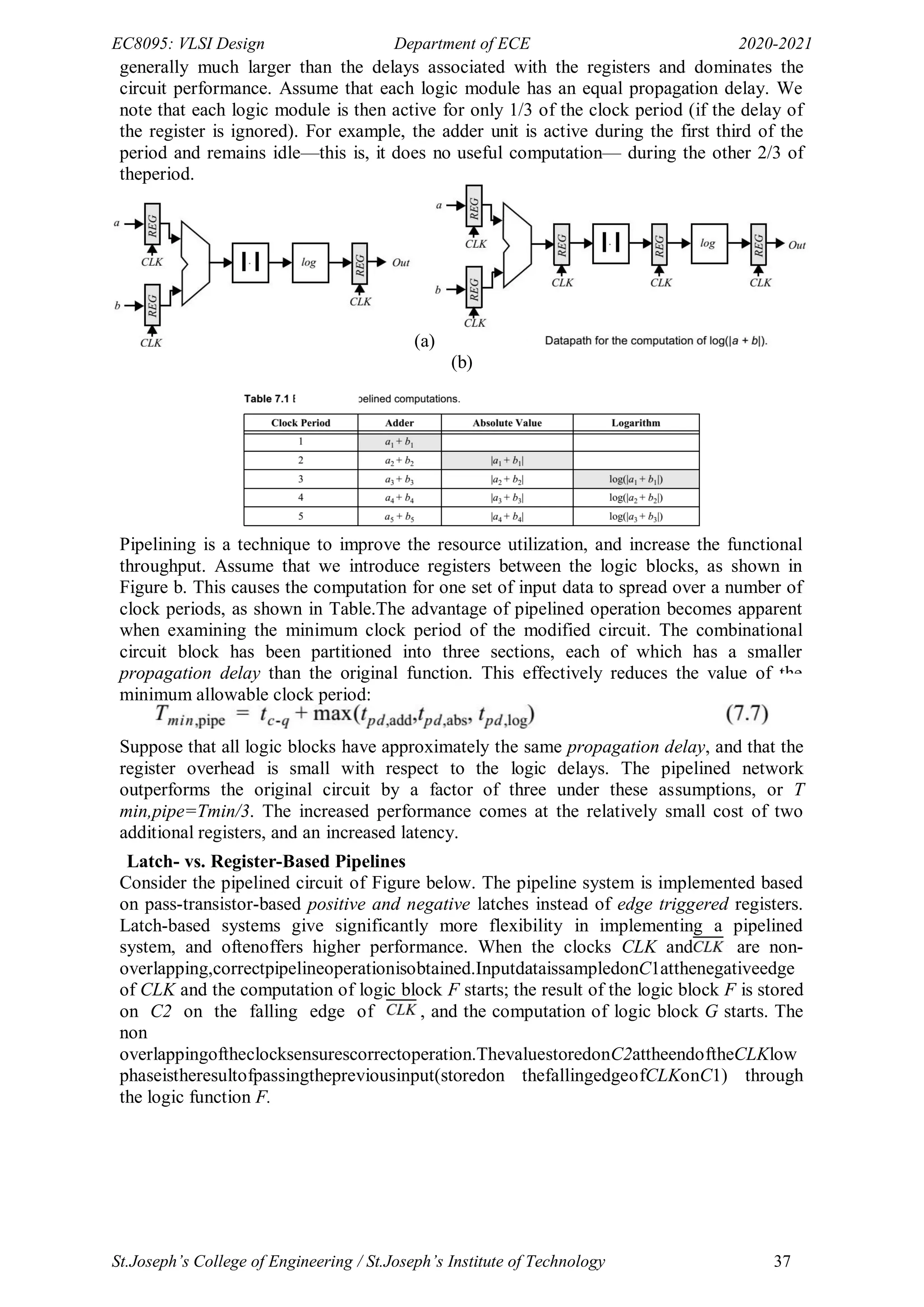 EC8095: VLSI Design Department of ECE 2020-2021
St.Joseph’s College of Engineering / St.Joseph’s Institute of Technology 37
generally much larger than the delays associated with the registers and dominates the
circuit performance. Assume that each logic module has an equal propagation delay. We
note that each logic module is then active for only 1/3 of the clock period (if the delay of
the register is ignored). For example, the adder unit is active during the first third of the
period and remains idle—this is, it does no useful computation— during the other 2/3 of
theperiod.
(a)
(b)
Pipelining is a technique to improve the resource utilization, and increase the functional
throughput. Assume that we introduce registers between the logic blocks, as shown in
Figure b. This causes the computation for one set of input data to spread over a number of
clock periods, as shown in Table.The advantage of pipelined operation becomes apparent
when examining the minimum clock period of the modified circuit. The combinational
circuit block has been partitioned into three sections, each of which has a smaller
propagation delay than the original function. This effectively reduces the value of the
minimum allowable clock period:
Suppose that all logic blocks have approximately the same propagation delay, and that the
register overhead is small with respect to the logic delays. The pipelined network
outperforms the original circuit by a factor of three under these assumptions, or T
min,pipe=Tmin/3. The increased performance comes at the relatively small cost of two
additional registers, and an increased latency.
Latch- vs. Register-Based Pipelines
Consider the pipelined circuit of Figure below. The pipeline system is implemented based
on pass-transistor-based positive and negative latches instead of edge triggered registers.
Latch-based systems give significantly more flexibility in implementing a pipelined
system, and oftenoffers higher performance. When the clocks CLK and are non-
overlapping,correctpipelineoperationisobtained.InputdataissampledonC1atthenegativeedge
of CLK and the computation of logic block F starts; the result of the logic block F is stored
on C2 on the falling edge of , and the computation of logic block G starts. The
non
overlappingoftheclocksensurescorrectoperation.ThevaluestoredonC2attheendoftheCLKlow
phaseistheresultofpassingthepreviousinput(storedon thefallingedgeofCLKonC1) through
the logic function F.
 