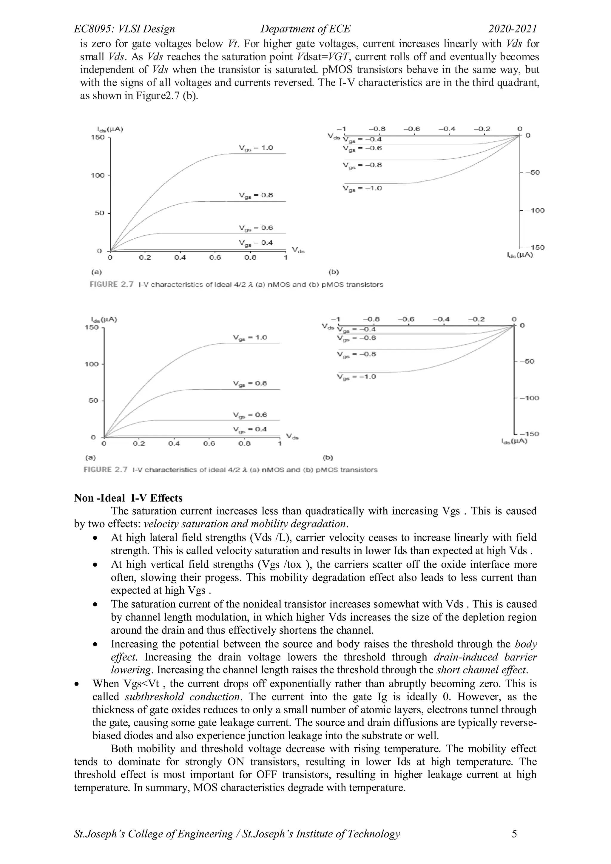 EC8095: VLSI Design Department of ECE 2020-2021
St.Joseph’s College of Engineering / St.Joseph’s Institute of Technology 5
is zero for gate voltages below Vt. For higher gate voltages, current increases linearly with Vds for
small Vds. As Vds reaches the saturation point Vdsat=VGT, current rolls off and eventually becomes
independent of Vds when the transistor is saturated. pMOS transistors behave in the same way, but
with the signs of all voltages and currents reversed. The I-V characteristics are in the third quadrant,
as shown in Figure2.7 (b).
Non -Ideal I-V Effects
The saturation current increases less than quadratically with increasing Vgs . This is caused
by two effects: velocity saturation and mobility degradation.
 At high lateral field strengths (Vds /L), carrier velocity ceases to increase linearly with field
strength. This is called velocity saturation and results in lower Ids than expected at high Vds .
 At high vertical field strengths (Vgs /tox ), the carriers scatter off the oxide interface more
often, slowing their progess. This mobility degradation effect also leads to less current than
expected at high Vgs .
 The saturation current of the nonideal transistor increases somewhat with Vds . This is caused
by channel length modulation, in which higher Vds increases the size of the depletion region
around the drain and thus effectively shortens the channel.
 Increasing the potential between the source and body raises the threshold through the body
effect. Increasing the drain voltage lowers the threshold through drain-induced barrier
lowering. Increasing the channel length raises the threshold through the short channel effect.
 When Vgs<Vt , the current drops off exponentially rather than abruptly becoming zero. This is
called subthreshold conduction. The current into the gate Ig is ideally 0. However, as the
thickness of gate oxides reduces to only a small number of atomic layers, electrons tunnel through
the gate, causing some gate leakage current. The source and drain diffusions are typically reverse-
biased diodes and also experience junction leakage into the substrate or well.
Both mobility and threshold voltage decrease with rising temperature. The mobility effect
tends to dominate for strongly ON transistors, resulting in lower Ids at high temperature. The
threshold effect is most important for OFF transistors, resulting in higher leakage current at high
temperature. In summary, MOS characteristics degrade with temperature.
 