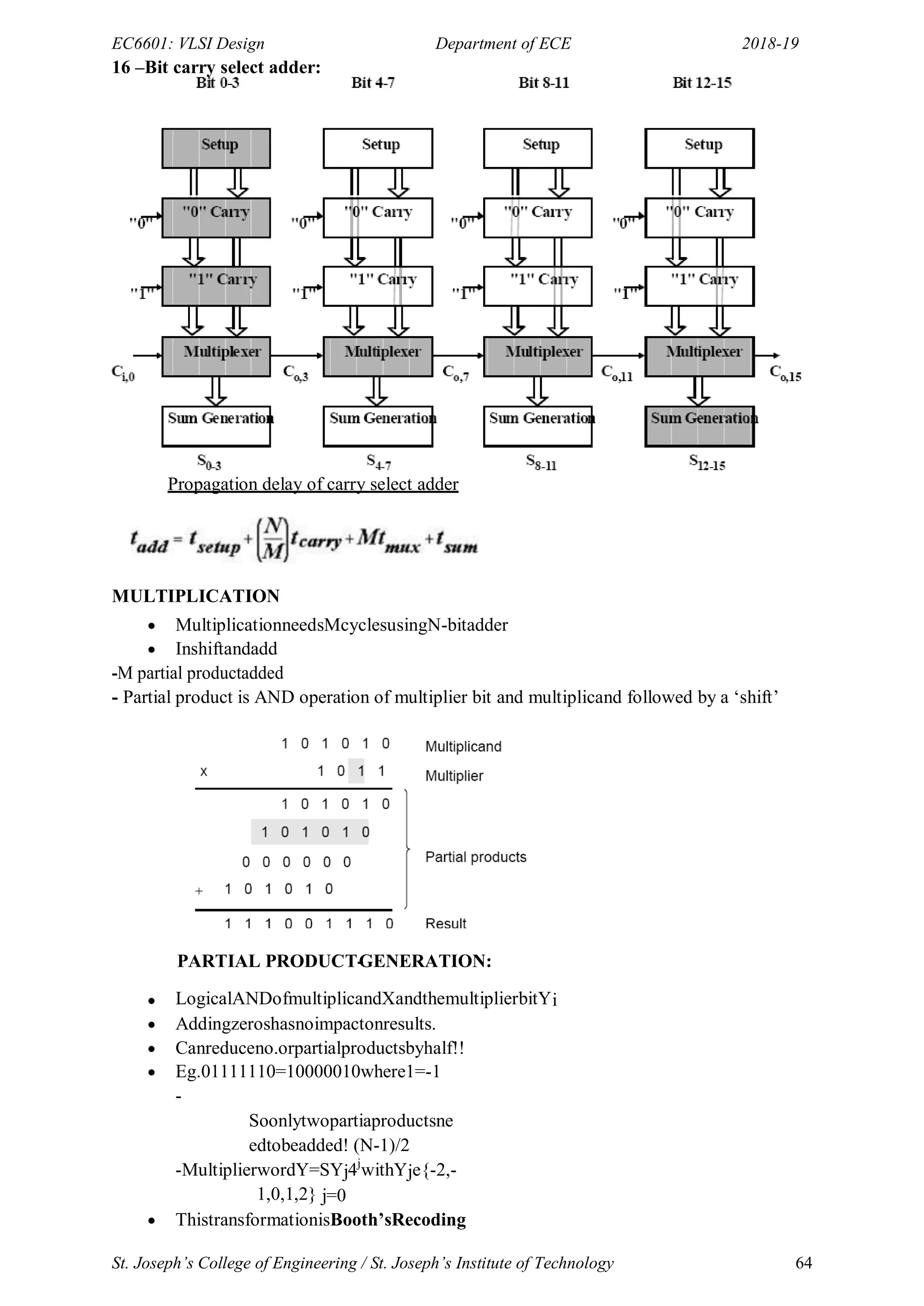 EC6601: VLSI Design Department of ECE 2018-19
St. Joseph’s College of Engineering / St. Joseph’s Institute of Technology 64
16 –Bit carry select adder:
Propagation delay of carry select adder
MULTIPLICATION
 MultiplicationneedsMcyclesusingN-bitadder
 Inshiftandadd
-M partial productadded
- Partial product is AND operation of multiplier bit and multiplicand followed by a ‗shift‘
PARTIAL PRODUCT-
GENERATION:
 LogicalANDofmultiplicandXandthemultiplierbitYi
 Addingzeroshasnoimpactonresults.
 Canreduceno.orpartialproductsbyhalf!!
 Eg.01111110=10000010where1=-1
-
Soonlytwopartiaproductsne
edtobeadded! (N-1)/2
-MultiplierwordY=SYj4j
withYje{-2,-
1,0,1,2} j=0
 ThistransformationisBooth’sRecoding
 