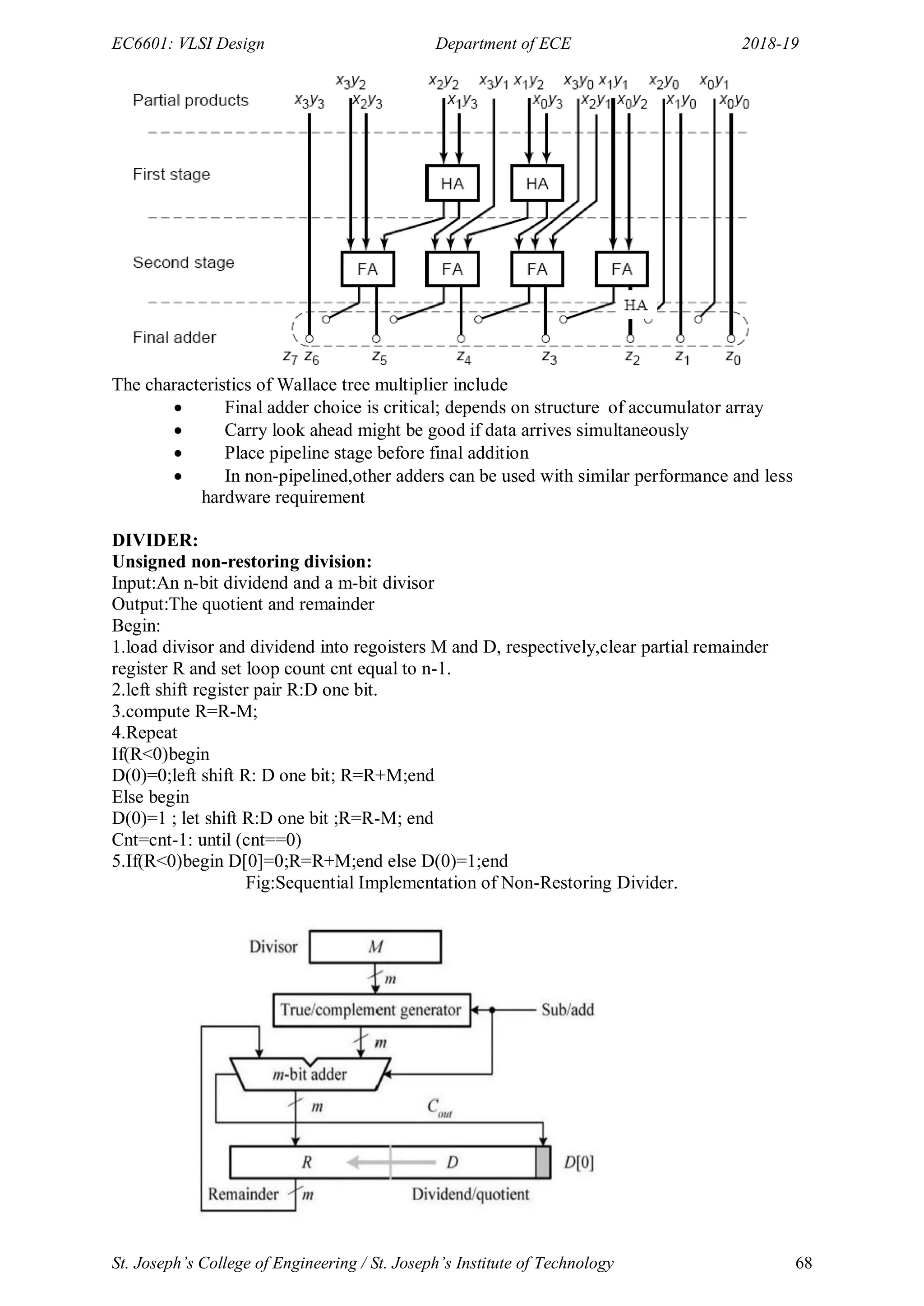 EC6601: VLSI Design Department of ECE 2018-19
St. Joseph’s College of Engineering / St. Joseph’s Institute of Technology 68
The characteristics of Wallace tree multiplier include
 Final adder choice is critical; depends on structure of accumulator array
 Carry look ahead might be good if data arrives simultaneously
 Place pipeline stage before final addition
 In non-pipelined,other adders can be used with similar performance and less
hardware requirement
DIVIDER:
Unsigned non-restoring division:
Input:An n-bit dividend and a m-bit divisor
Output:The quotient and remainder
Begin:
1.load divisor and dividend into regoisters M and D, respectively,clear partial remainder
register R and set loop count cnt equal to n-1.
2.left shift register pair R:D one bit.
3.compute R=R-M;
4.Repeat
If(R<0)begin
D(0)=0;left shift R: D one bit; R=R+M;end
Else begin
D(0)=1 ; let shift R:D one bit ;R=R-M; end
Cnt=cnt-1: until (cnt==0)
5.If(R<0)begin D[0]=0;R=R+M;end else D(0)=1;end
Fig:Sequential Implementation of Non-Restoring Divider.
 