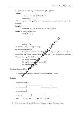 Einstein College of Engineering
the net_assignment can be any expression involving the operators.
Example:
assign carry = (a & b) | (a & c) | (b & c);
assign sum = a ^ b ^ c;
multiple assignments are specified in one assignment, using commas to separate the
assignment.
Example:
assign carry = (a & b) | (a & c) | (b & c), sum = a ^ b ^ c;
Example for multibit assignment is
wire [1:3] x, y, z;
.
.
.
assign z = x & y;
This results in z1 = x1y1, z2 = x2y2, z3 = x3y3.
Delays in dataflow modeling:
Delay values control the time between the change in a right hand side operand
and when the new value is assigned to the left hand side. Delays in continuous assignment
statements can be specified in three ways:
a) Regular assignment delay
b) Implicit continuous assignment delay
c) Net declaration delay
Regular assignment delay:
In this way, the delay value can be specified after the keyword assign.
Example:
assign #10 c = a & b;
a
b
c xxxxx
time 10 20 30 60 70 80 85
1. When the input a and b go to high at time 20, c goes to high at 10 time units later.
w
w
w
.eeeexclusive.blogspot.com
 