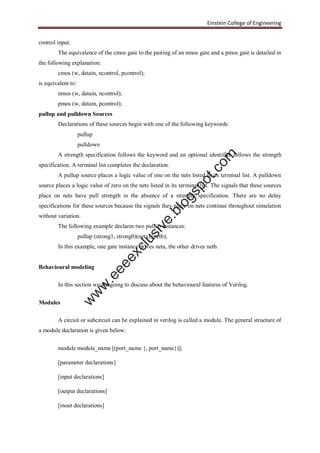 Einstein College of Engineering
control input.
The equivalence of the cmos gate to the pairing of an nmos gate and a pmos gate is detailed in
the following explanation:
cmos (w, datain, ncontrol, pcontrol);
is equivalent to:
nmos (w, datain, ncontrol);
pmos (w, datain, pcontrol);
pullup and pulldown Sources
Declarations of these sources begin with one of the following keywords:
pullup
pulldown
A strength specification follows the keyword and an optional identifier follows the strength
specification. A terminal list completes the declaration.
A pullup source places a logic value of one on the nets listed in its terminal list. A pulldown
source places a logic value of zero on the nets listed in its terminal list. The signals that these sources
place on nets have pull strength in the absence of a strength specification. There are no delay
specifications for these sources because the signals they place on nets continue throughout simulation
without variation.
The following example declares two pullup instances:
pullup (strong1, strong0)(neta),(netb);
In this example, one gate instance drives neta, the other drives netb.
Behavioural modeling
In this section we are going to discuss about the behavioural features of Verilog.
Modules
A circuit or subcircuit can be explained in verilog is called a module. The general structure of
a module declaration is given below:
module module_name [(port_name {, port_name})];
[parameter declarations]
[input declarations]
[output declarations]
[inout declarations]
w
w
w
.eeeexclusive.blogspot.com
 