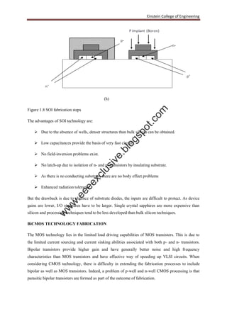 Einstein College of Engineering
(h)
Figure 1.8 SOI fabrication steps
The advantages of SOI technology are:
 Due to the absence of wells, denser structures than bulk silicon can be obtained.
 Low capacitances provide the basis of very fast circuits.
 No field-inversion problems exist.
 No latch-up due to isolation of n- and p- transistors by insulating substrate.
 As there is no conducting substrate, there are no body effect problems
 Enhanced radiation tolerance.
But the drawback is due to absence of substrate diodes, the inputs are difficult to protect. As device
gains are lower, I/O structures have to be larger. Single crystal sapphires are more expensive than
silicon and processing techniques tend to be less developed than bulk silicon techniques.
BiCMOS TECHNOLOGY FABRICATION
The MOS technology lies in the limited load driving capabilities of MOS transistors. This is due to
the limited current sourcing and current sinking abilities associated with both p- and n- transistors.
Bipolar transistors provide higher gain and have generally better noise and high frequency
characteristics than MOS transistors and have effective way of speeding up VLSI circuits. When
considering CMOS technology, there is difficulty in extending the fabrication processes to include
bipolar as well as MOS transistors. Indeed, a problem of p-well and n-well CMOS processing is that
parasitic bipolar transistors are formed as part of the outcome of fabrication.
w
w
w
.eeeexclusive.blogspot.com
 