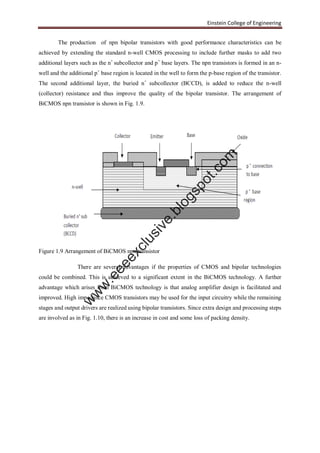 Einstein College of Engineering
The production of npn bipolar transistors with good performance characteristics can be
achieved by extending the standard n-well CMOS processing to include further masks to add two
additional layers such as the n+
subcollector and p+
base layers. The npn transistors is formed in an n-
well and the additional p+
base region is located in the well to form the p-base region of the transistor.
The second additional layer, the buried n+
subcollector (BCCD), is added to reduce the n-well
(collector) resistance and thus improve the quality of the bipolar transistor. The arrangement of
BiCMOS npn transistor is shown in Fig. 1.9.
Figure 1.9 Arrangement of BiCMOS npn transistor
There are several advantages if the properties of CMOS and bipolar technologies
could be combined. This is achieved to a significant extent in the BiCMOS technology. A further
advantage which arises from BiCMOS technology is that analog amplifier design is facilitated and
improved. High impedance CMOS transistors may be used for the input circuitry while the remaining
stages and output drivers are realized using bipolar transistors. Since extra design and processing steps
are involved as in Fig. 1.10, there is an increase in cost and some loss of packing density.
w
w
w
.eeeexclusive.blogspot.com
 