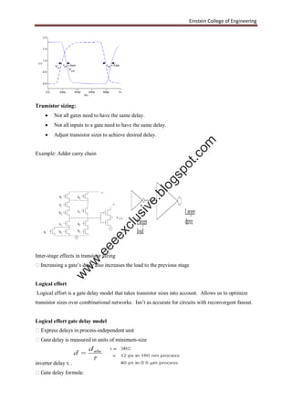 Einstein College of Engineering
Transistor sizing:
 Not all gates need to have the same delay.
 Not all inputs to a gate need to have the same delay.
 Adjust transistor sizes to achieve desired delay.
Example: Adder carry chain
Inter-stage effects in transistor sizing
�Increasing a gate’s drive also increases the load to the previous stage
Logical effort
Logical effort is a gate delay model that takes transistor sizes into account. Allows us to optimize
transistor sizes over combinational networks. Isn’t as accurate for circuits with reconvergent fanout.
Logical effort gate delay model
�Express delays in process-independent unit
�Gate delay is measured in units of minimum-size
inverter delay τ.
�Gate delay formula:
w
w
w
.eeeexclusive.blogspot.com
 