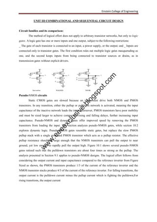 Einstein College of Engineering
UNIT III COMBINATIONAL AND SEQUENTIAL CIRCUIT DESIGN
Circuit families and its comparison:
The method of logical effort does not apply to arbitrary transistor networks, but only to logic
gates. A logic gate has one or more inputs and one output, subject to the following restrictions:
_ The gate of each transistor is connected to an input, a power supply, or the output; and _ Inputs are
connected only to transistor gates. The first condition rules out multiple logic gates masquerading as
one, and the second keeps inputs from being connected to transistor sources or drains, as in
transmission gates without explicit drivers.
Pseudo-NMOS circuits
Static CMOS gates are slowed because an input must drive both NMOS and PMOS
transistors. In any transition, either the pullup or pulldown network is activated, meaning the input
capacitance of the inactive network loads the input. Moreover, PMOS transistors have poor mobility
and must be sized larger to achieve comparable rising and falling delays, further increasing input
capacitance. Pseudo-NMOS and dynamic gates offer improved speed by removing the PMOS
transistors from loading the input. This section analyzes pseudo-NMOS gates, while section 10.2
explores dynamic logic. Pseudo-NMOS gates resemble static gates, but replace the slow PMOS
pullup stack with a single grounded PMOS transistor which acts as a pullup resistor. The effective
pullup resistance should be large enough that the NMOS transistors can pull the output to near
ground, yet low enough to rapidly pull the output high. Figure 10.1 shows several pseudo-NMOS
gates ratioed such that the pulldown transistors are about four times as strong as the pullup. The
analysis presented in Section 9.1 applies to pseudo-NMOS designs. The logical effort follows from
considering the output current and input capacitance compared to the reference inverter from Figure
Sized as shown, the PMOS transistors produce 1/3 of the current of the reference inverter and the
NMOS transistor stacks produce 4/3 of the current of the reference inverter. For falling transitions, the
output current is the pulldown current minus the pullup current which is fighting the pulldown,For
rising transitions, the output current
w
w
w
.eeeexclusive.blogspot.com
 