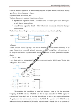 Einstein College of Engineering
which the outputs at any instant are dependent not only upon the inputs present at that instant but also
upon the past history (sequence) of inputs.
Sequential circuits are classified into:
The block diagram of a sequential circuit is shown below:
 Synchronous sequential circuits – Their behaviour is determined by the values of the signals
at only discrete instants of time.
 Asynchronous sequential circuits – Their behaviour is immediately affected by the input
signal changes.
The basic logic element that provides memory in many sequential circuits is the flip-flop.
1. Latches
Latches form one class of flip-flops. This class is characterized by the fact that the timing of the
output changes is not controlled. Although latches are useful for storing binary information and for
the design of asynchronous sequential circuits, they are not practical for use in synchronous sequential
circuits.
1.2 The SR Latch
It is a circuit with two cross-coupled NOR gates or two cross-coupled NAND gates. The one with
NOR gates is shown below:
The condition that is undefined is when both inputs are equal to 0 at the same time.
Comparing the NAND with the NOR latch note that the input signals for the NAND require the
complement of those values used for the NOR latch. Because the NAND latch requires a 0 signal to
change its state, it is sometimes referred to as an S′-R′ latch. The operation of the SR latch can be
modified to provide an additional control input that determines when the state of the latch can be
w
w
w
.eeeexclusive.blogspot.com
 