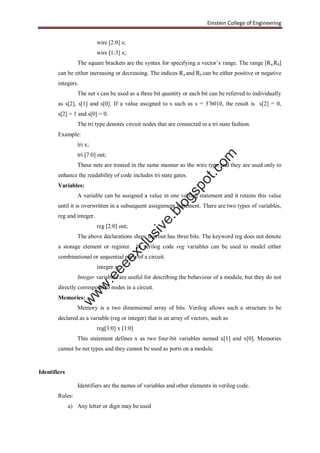 Einstein College of Engineering
wire [2:0] s;
wire [1:3] x;
The square brackets are the syntax for specifying a vector’s range. The range [Ra:Rb]
can be either increasing or decreasing. The indices Ra and Rb can be either positive or negative
integers.
The net s can be used as a three bit quantity or each bit can be referred to individually
as s[2], s[1] and s[0]. If a value assigned to s such as s = 3’b010, the result is s[2] = 0,
s[2] = 1 and s[0] = 0.
The tri type denotes circuit nodes that are connected in a tri state fashion.
Example:
tri x;
tri [7:0] out;
These nets are treated in the same manner as the wire type and they are used only to
enhance the readability of code includes tri state gates.
Variables:
A variable can be assigned a value in one verilog statement and it retains this value
until it is overwritten in a subsequent assignment statement. There are two types of variables,
reg and integer.
reg [2:0] out;
The above declarations show that out has three bits. The keyword reg does not denote
a storage element or register. In verilog code reg variables can be used to model either
combinational or sequential parts of a circuit.
integer x;
Integer variables are useful for describing the behaviour of a module, but they do not
directly correspond to nodes in a circuit.
Memories:
Memory is a two dimensional array of bits. Verilog allows such a structure to be
declared as a variable (reg or integer) that is an array of vectors, such as
reg[3:0] x [1:0]
This statement defines x as two four-bit variables named x[1] and x[0]. Memories
cannot be net types and they cannot be used as ports on a module.
Identifiers
Identifiers are the names of variables and other elements in verilog code.
Rules:
a) Any letter or digit may be used
w
w
w
.eeeexclusive.blogspot.com
 