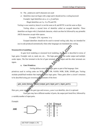 Einstein College of Engineering
b) The _underscore and $ characters are used
c) Identifiers must not begin with a digit and it should not be a verilog keyword
Example: legal identifiers are a, x1, a_b and byte.
Illegal identifiers are 1a, +b, a*b and 258.
Verilog is case sensitive, hence k is not the same as K and BYTE is not the same as Byte.
Verilog allows a second form of identifier called an escaped identifier. These
identifiers are begin with () backslash character, which can then be followed by any printable
ASCII characters except white spaces.
Example: 234, sig-name, x+y
Escaped identifiers should not be used in normal verilog code, they are intended for
use in code produced automatically when other languages are translated into verilog.
Structural level modeling:
In gate level modeling or structural level modeling, the circuit is described in terms of
logic gates. Example: and, or, nand, nor, etc... The logic gates have one scalar output and multiple
scalar inputs. The first terminal in the list of gate terminals is an output and the other terminals are
inputs.
a. Gate Primitives
Verilog defines some basic logic gates as part of the language. Gate
primitives used in verilog codes are NOT, AND, OR, NAND, NOR, XOR, XNOR gate. Verilog
includes predefined modules that implement basic logic gates. These gates allow a circuit’s structure
to be described using gate instantiation statements of the form:
gate_name [instance_name] (output_port, input_port {, input_port});
Here gate_name specifies the gate type and instance_name is an identifier, also it is optional.
Each gate may have different number of ports, the output port listed first, followed by
a variable number of input ports.
Example:
and And1 (output, a, b);
w
w
w
.eeeexclusive.blogspot.com
 
