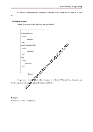 Einstein College of Engineering
For non-blocking assignments, the values of variables seen at time ti are the values set in time
ti-1.
The if-else statement:
General form of the if-else statement is given in figure.
if (expression 1)
begin
statement;
end
else if (expression 2)
begin
statement;
end
else
begin
statement;
end
Figure
If expression 1 is true, then the first statement is evaluated. When multiple statements are
involved, they have to be included inside a begin-end block.
Example:
Verilog code for 2 x 1 multiplexer
w
w
w
.eeeexclusive.blogspot.com
 