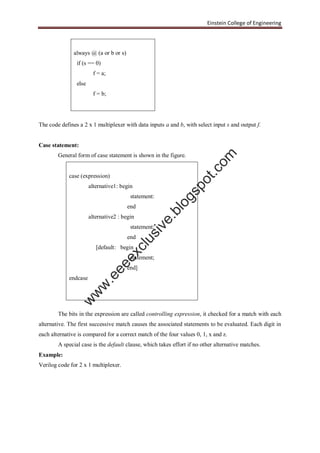 Einstein College of Engineering
always @ (a or b or s)
if (s == 0)
f = a;
else
f = b;
The code defines a 2 x 1 multiplexer with data inputs a and b, with select input s and output f.
Case statement:
General form of case statement is shown in the figure.
case (expression)
alternative1: begin
statement:
end
alternative2 : begin
statement;
end
[default: begin
statement;
end]
endcase
The bits in the expression are called controlling expression, it checked for a match with each
alternative. The first successive match causes the associated statements to be evaluated. Each digit in
each alternative is compared for a correct match of the four values 0, 1, x and z.
A special case is the default clause, which takes effort if no other alternative matches.
Example:
Verilog code for 2 x 1 multiplexer.
w
w
w
.eeeexclusive.blogspot.com
 