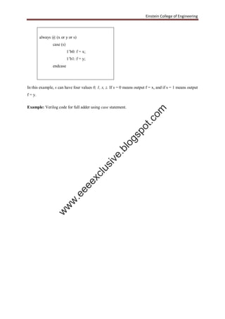 Einstein College of Engineering
always @ (x or y or s)
case (s)
1’b0: f = x;
1’b1: f = y;
endcase
In this example, s can have four values 0, 1, x, z. If s = 0 means output f = x, and if s = 1 means output
f = y.
Example: Verilog code for full adder using case statement.
w
w
w
.eeeexclusive.blogspot.com
 