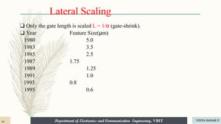 Department of Electronics and Communication Engineering, VBIT
Department of Electronics and Communication Engineering, VBIT
Lateral Scaling
❑ Only the gate length is scaled L = 1/α (gate-shrink).
❑ Year Feature Size(μm)
1980 5.0
1983 3.5
1985 2.5
1987 1.75
1989 1.25
1991 1.0
1993 0.8
1995 0.6
91 VIDYA SAGAR P
 