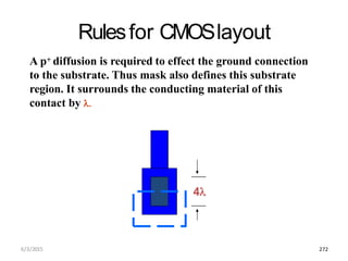 Rulesfor CMOSlayout
A p+ diffusion is required to effect the ground connection
to the substrate. Thus mask also defines this substrate
region. It surrounds the conducting material of this
contact by 
4
6/3/2015 272
 
