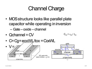 Channel Charge
• MOSstructure looks like parallel plate
capacitor while operating ininversion
– Gate – oxide – channel
• Qchannel =CV
• C=Cg=eoxWL/tox =CoxWL
• V=
n+ n+
Vgd
gate
+ +
source Vgs
-
+
drain
Vds
p-type body
channel
-
-
Vg
Vs
Vd
Cg
n+ n+
p-type body
W
L
tox
SiO2 gateoxide
ox
(good insulator,  = 3.9)
polysilicon
gate
Cox = ox / tox
6/3/2015 147
 