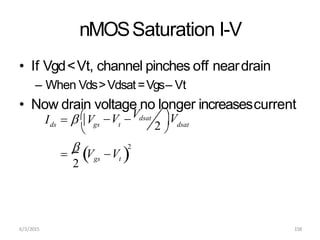 nMOSSaturation I-V
• If Vgd<Vt, channel pinches off neardrain
– When Vds>Vdsat=Vgs– Vt
• Now drain voltage no longer increasescurrent

6/3/2015 158
2
2
ds gs t dsat
gs t
V Vdsat
I   V 
V
 2 


V V
 