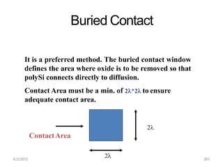 Buried Contact
It is a preferred method. The buried contact window
defines the area where oxide is to be removed so that
polySi connects directly to diffusion.
Contact Area must be a min. of 2*2 to ensure
adequate contact area.
2
ContactArea
2
6/3/2015 261
 