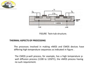 FIGURE Twin-tub structure.
THERMAL ASPECTS OF PROCESSING
The processes involved in making nMOS and CMOS devices have
differing high temperature sequences as indicated in Figure .
The CMOS p-well process, for example, has a high temperature p-
well diffusion process (1100 to 1250°C), the nMOS process having
no such requirement.
 
