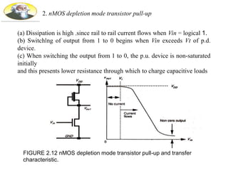 2. nMOS depletion mode transistor pull-up
(a) Dissipation is high ,since rail to rail current flows when Vin = logical 1.
(b) Switchlng of output from 1 to 0 begins when Vin exceeds Vt of p.d.
device.
(c) When switching the output from 1 to 0, the p.u. device is non-saturated
initially
and this presents lower resistance through which to charge capacitive loads
FIGURE 2.12 nMOS depletion mode transistor pull-up and transfer
characteristic.
 