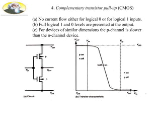 4. Complementary transistor pull-up (CMOS)
(a) No current flow either for logical 0 or for logical 1 inputs.
(b) Full logical 1 and 0 levels are presented at the output.
(c) For devices of similar dimensions the p-channel is slower
than the n-channel device.
 