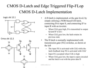 CMOS D-Latch and Edge Triggered Flip-FLop
CMOS D-Latch Implementation
• A D-latch is implemented, at the gate level, by
simply utilizing a NOR-based S-R latch,
connecting D to input S, and connecting D’ to
input R with an inverter.
– When CLK goes high, D is transmitted to output
Q (and D’ to Q’)
– When CLK goes low, the latch retains its
previous state
• The D latch is normally implemented with
transmission gate (TG) switches, as shown at
the left
– The input TG is activated with CLK while the
latch feedback loop TG is activated with CLK’
– Input D is accepted when CLK is high
– When CLK goes low, the input is open-circuited
and the latch is set with the prior data D
12
Logic ckt 12.1
Cmos ckt 12.2
140083112008,15,16
 