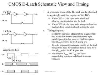 CMOS D-Latch Schematic View and Timing
• A schematic view of the D-Latch can be obtained
using simple switches in place of the TG’s
– When CLK = 1, the input switch is closed
allowing new input data into the latch
– When CLK = 0, the input switch is opened and the
feedback loop switch is closed, setting the latch
• Timing diagram:
– In order to guarantee adequate time to get correct
data at the first inverter input before the input
switch opens, the data must be valid for a given
time (Tsetup) prior to the CLK going low.
– In order to guarantee adequate time to set the latch
with correct data, the data must remain valid for a
time (Thold) after the CLK goes low.
– Violations of Tsetup and Thold can cause
metastability problems and chaotic transient
behavior.
13
Fig 13.1
Fig 13.2
Waveforms 13.3
140083112008,15,16
 