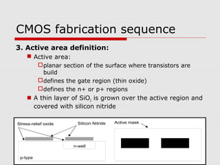 CMOS fabrication sequence
3. Active area definition:
 Active area:
planar section of the surface where transistors are
build
defines the gate region (thin oxide)
defines the n+ or p+ regions
 A thin layer of SiO2 is grown over the active region and
covered with silicon nitride
n-well
Silicon NitrideStress-relief oxide
p-type
Active mask
 